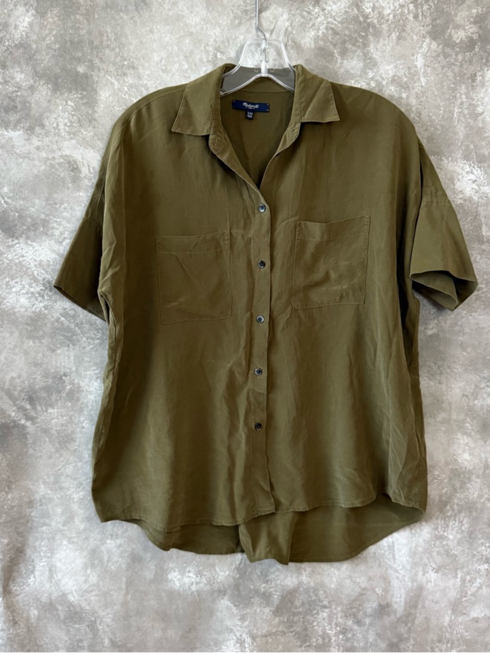Madewell Olive Green Short-Sleeve Button-Down Shirt (love 21) it’s a loose fit.